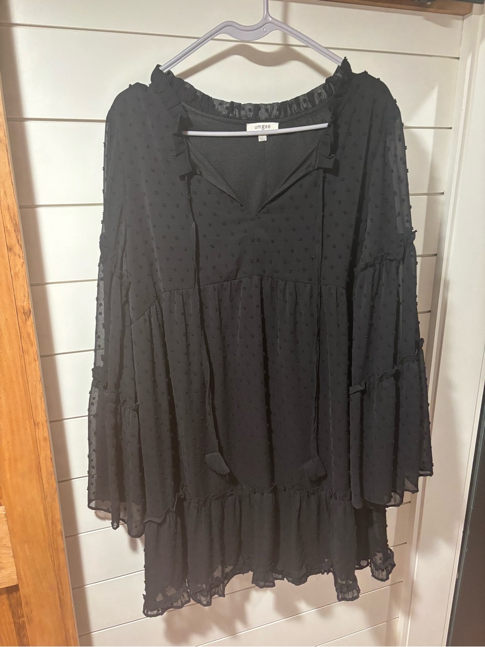 Umgee Black Swiss Dot Tiered Peasant Dress
